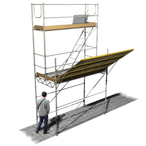 Estructura de protección de paso peatonal bajo andamio de fachada con visera