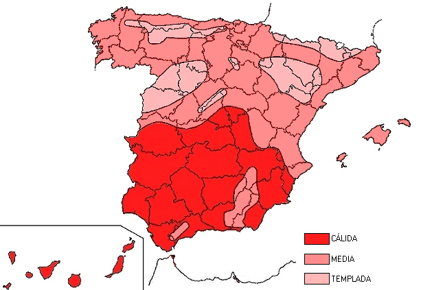 Mapa de zonas térmicas estivales.